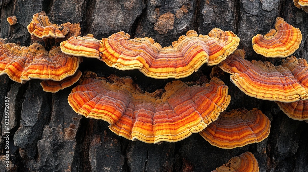 A close-up of vibrant orange and red mushrooms growing on the bark of an old tree A close-up of vibrant orange and red mushrooms growing on the bark of an old tree