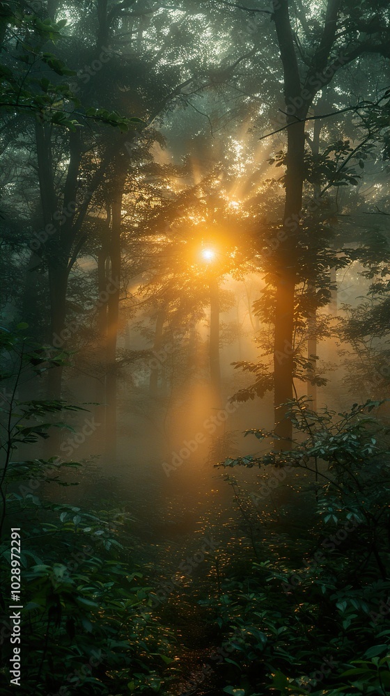 Obraz premium Sunbeams Through the Fog in a Lush Forest