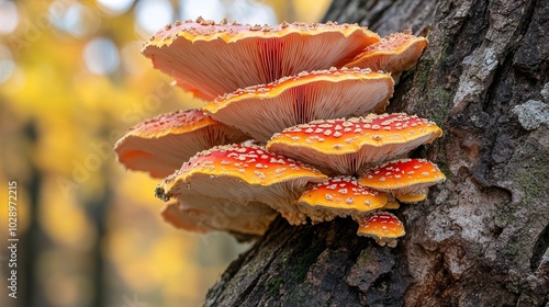 A close-up of vibrant orange and red mushrooms growing on the bark of an old tree 