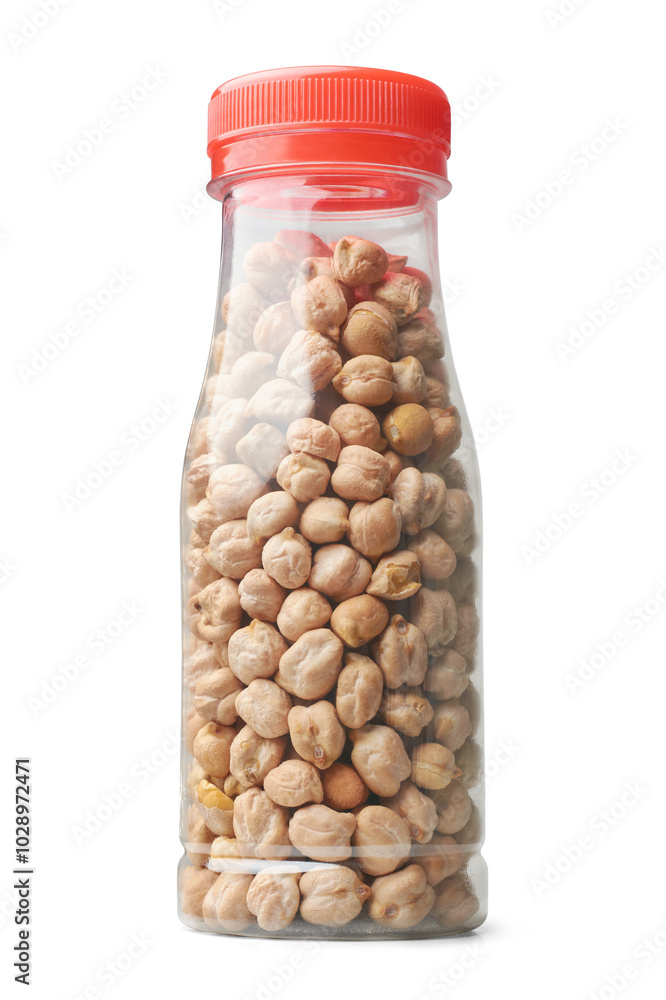 chickpeas or grams in transparent plastic bottle without label isolated white background, common practice of storing to keep dry and fresh chickpeas or grams in transparent plastic bottle without label isolated white background, common practice of storing to keep dry and fresh