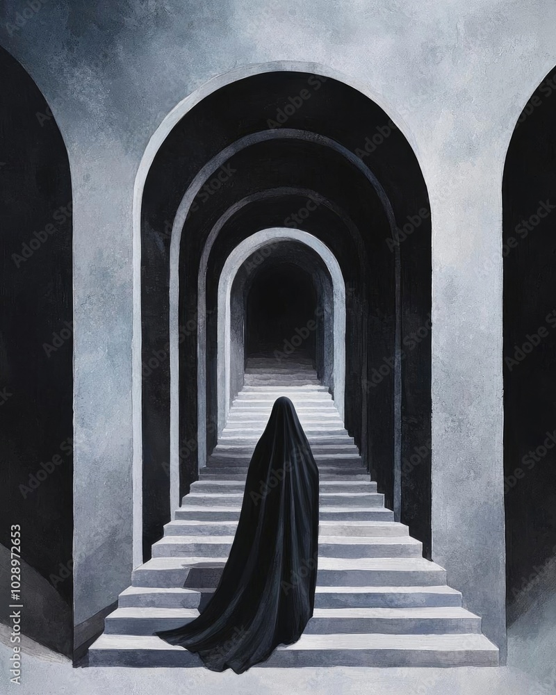 A cloaked figure walks up a series of arches and steps in a dark, surreal landscape, evoking a sense of mystery and introspection. A cloaked figure walks up a series of arches and steps in a dark, surreal landscape, evoking a sense of mystery and introspection.