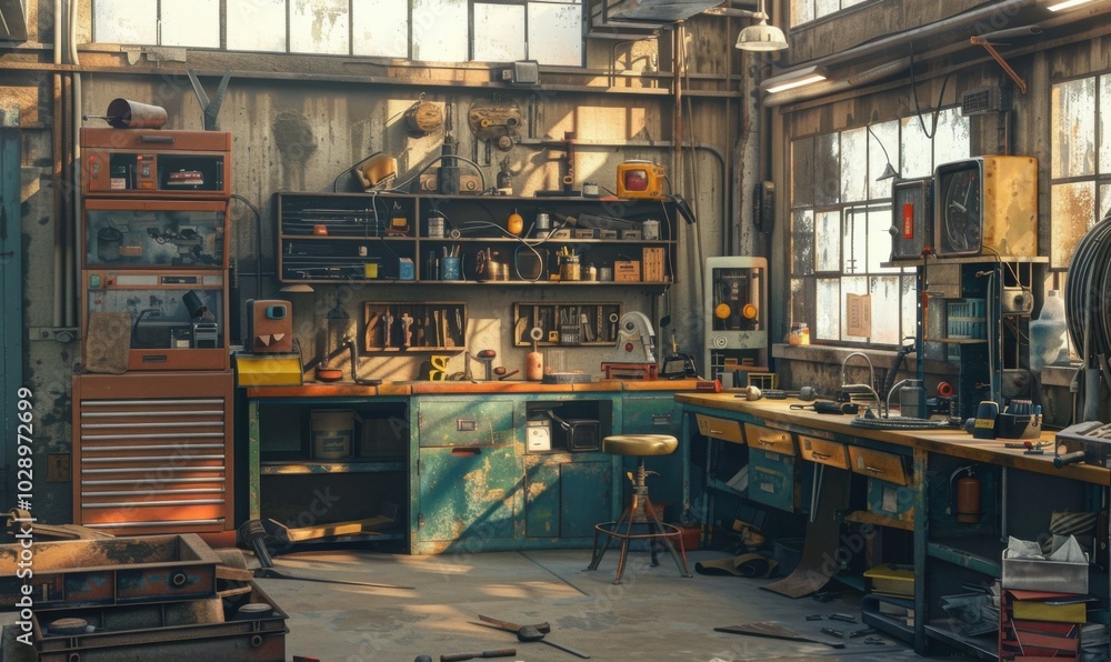 Industrial workshop scene with tools and equipment, gritty realism 4K hyperrealistic photo. Industrial workshop scene with tools and equipment, gritty realism 4K hyperrealistic photo.