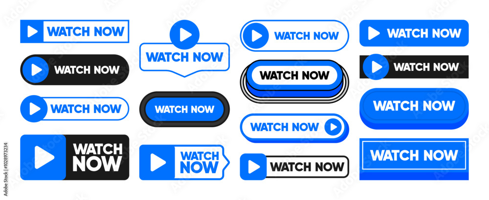 Set of Watch Now buttons. Play video buttons. Watch video. Play now. Online translation. UI concept. Vector illustration. Set of Watch Now buttons. Play video buttons. Watch video. Play now. Online translation. UI concept. Vector illustration.