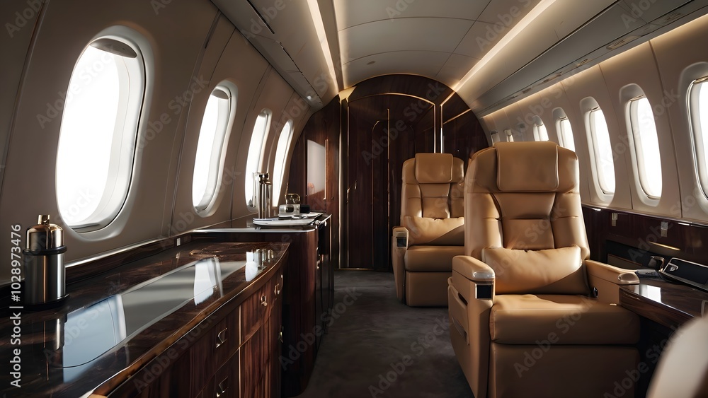Interior view of a private plane showcasing luxurious seating and elegant design elements Interior view of a private plane showcasing luxurious seating and elegant design elements