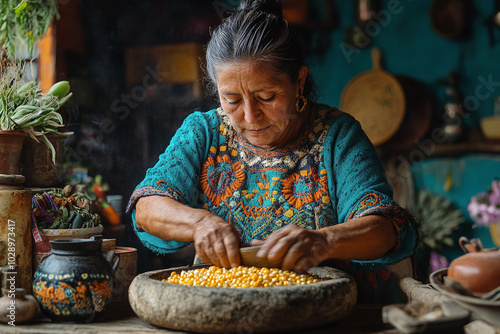 Woman grinding corn using a metate in a traditional Mexican kitchen. photo