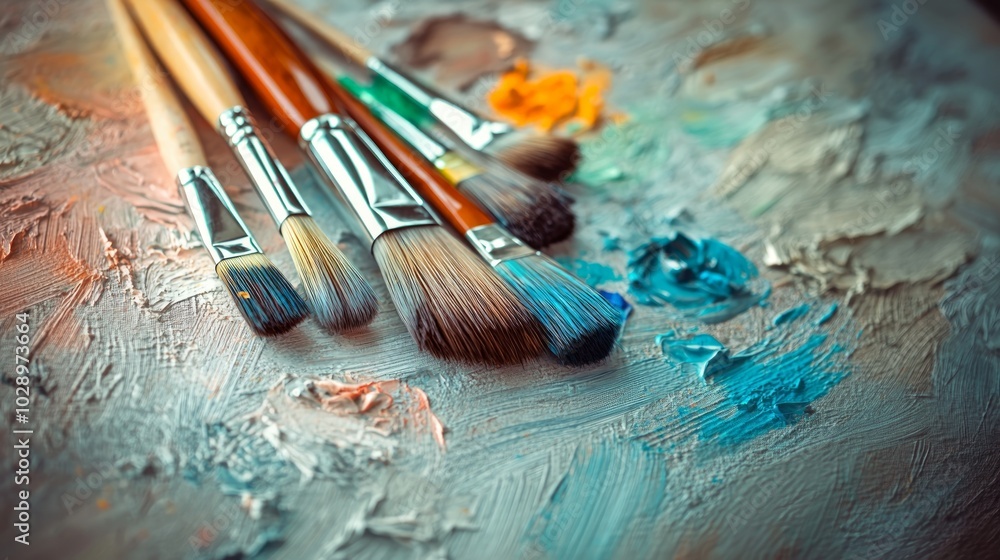 A close-up of five paintbrushes lying on a palette with oil paints, showing different shapes and sizes of the brushes and the different colors of the paints. A close-up of five paintbrushes lying on a palette with oil paints, showing different shapes and sizes of the brushes and the different colors of the paints.