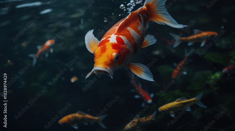 A vibrant orange and white koi fish swims towards the surface of the water, its mouth open as if it's about to take a breath of air. There are other koi fish A vibrant orange and white koi fish swims towards the surface of the water, its mouth open as if it's about to take a breath of air. There are other koi fish