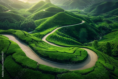 Winding Road Through Lush Green Hills at Sunset