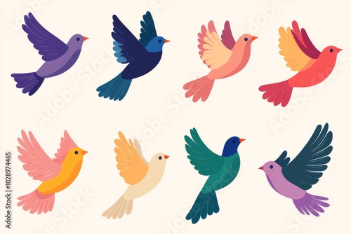 A set of colorful birds flying in the sky. The birds are of different colors and sizes, and they are spread out across the image. Scene is cheerful and lively