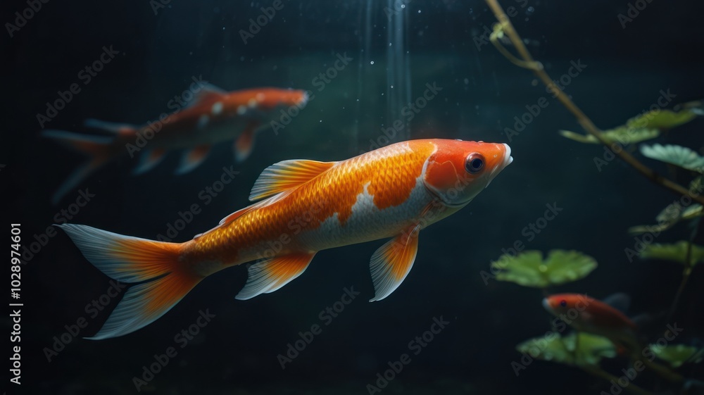 Three orange and white koi fish swim in a dark aquarium with green plants. Three orange and white koi fish swim in a dark aquarium with green plants.