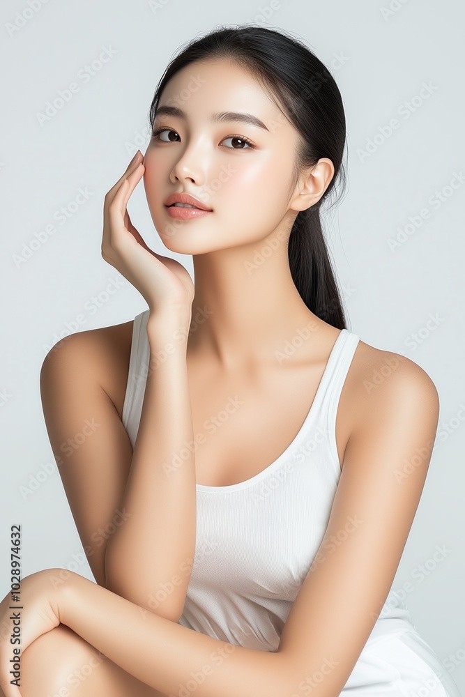 A stunning portrait of an elegant Asian female model showcasing natural beauty in a minimalist studio setting, radiating tranquility and grace. A stunning portrait of an elegant Asian female model showcasing natural beauty in a minimalist studio setting, radiating tranquility and grace.