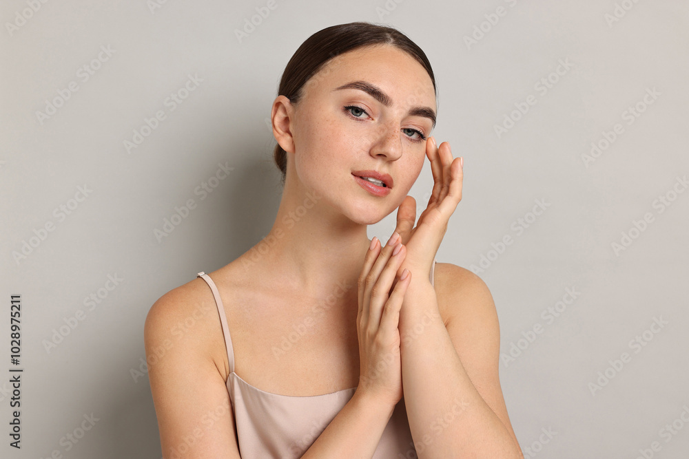 Beautiful young woman with healthy skin on grey background Beautiful young woman with healthy skin on grey background