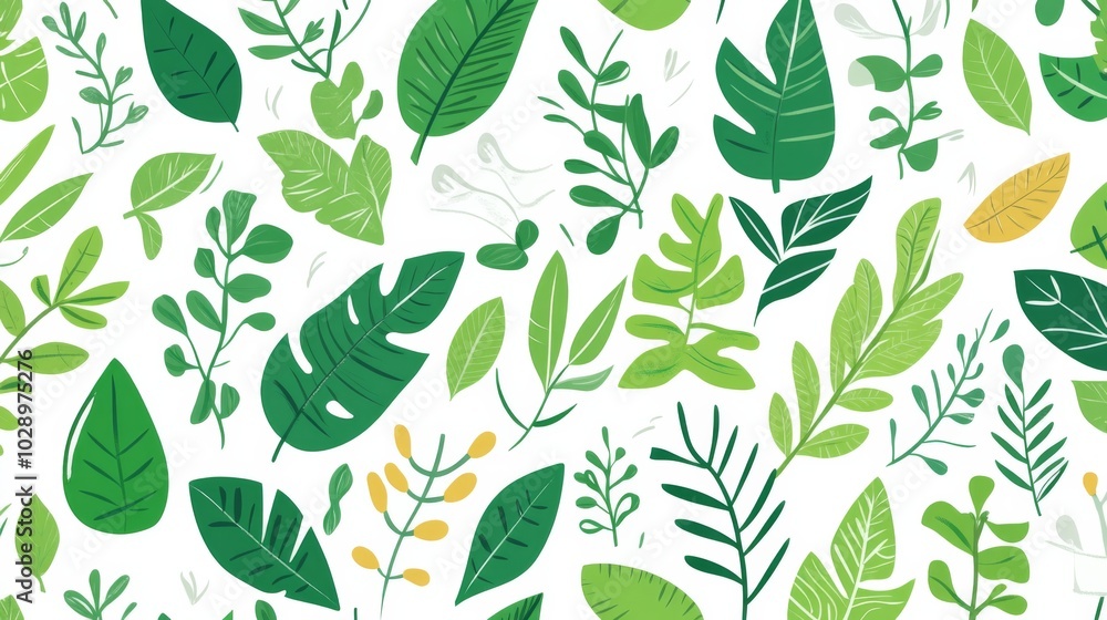 A green leafy pattern with a white background. The leaves are all different sizes and shapes. The pattern is very intricate and detailed A green leafy pattern with a white background. The leaves are all different sizes and shapes. The pattern is very intricate and detailed