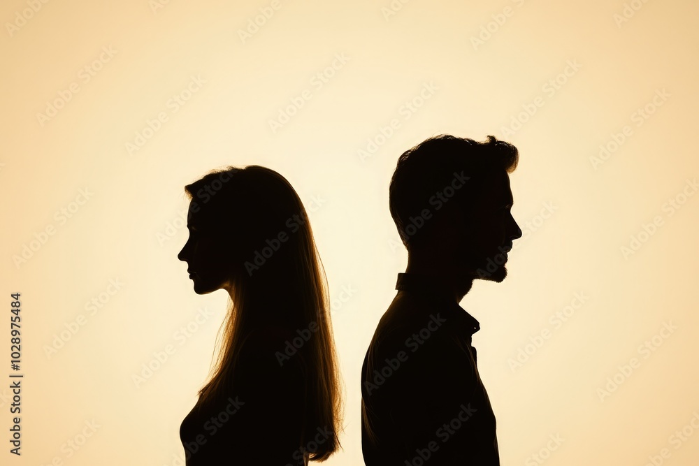 Silhouette of Couple Looking in Opposite Directions Against Neutral Background Symbolizing Marriage Clash Silhouette of Couple Looking in Opposite Directions Against Neutral Background Symbolizing Marriage Clash