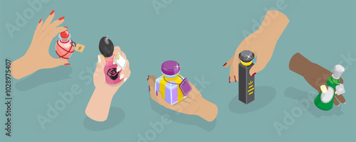 3D Isometric Flat Vector Illustration of Perfume Bottles, Perfumes Held By Female Hands
