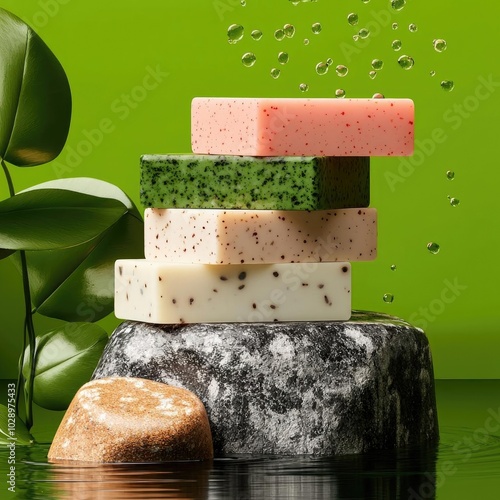 A vibrant display of stacked soaps in assorted colors, set against a refreshing green backdrop, conveying a sense of cleanliness and natural beauty. photo