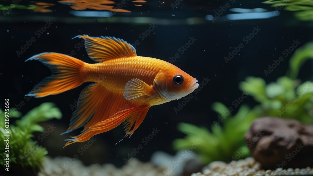A vibrant orange betta fish swims gracefully through a planted aquarium, showcasing its long flowing fins against a dark background. A vibrant orange betta fish swims gracefully through a planted aquarium, showcasing its long flowing fins against a dark background.