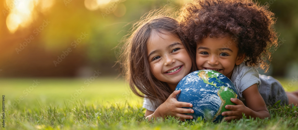 two smiling young girls hugging a earth outdoors, generative ai two smiling young girls hugging a earth outdoors, generative ai