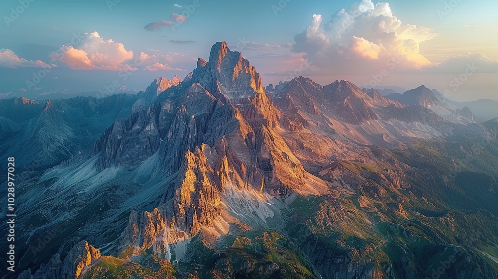 Naklejka premium Aerial drone view of rugged mountain peaks, showcasing breathtaking scenery and natural beauty, perfect for travel, tourism, and adventure-themed content. High resolution Illustration, in the style