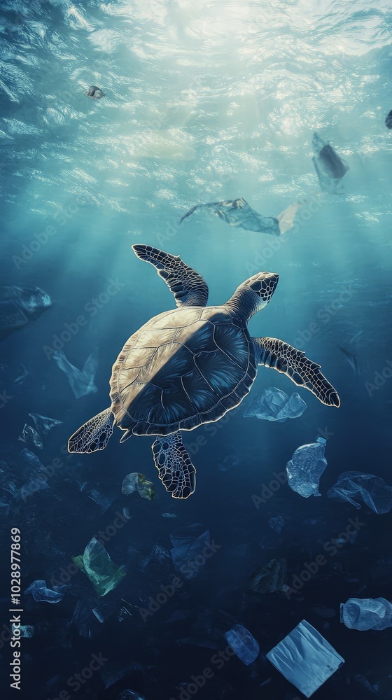 Fototapeta premium Sea Turtle Swimming Through Plastic Waste in Ocean, Symbolizing Pollution Threat to Marine Life with Space for Environmental Messaging