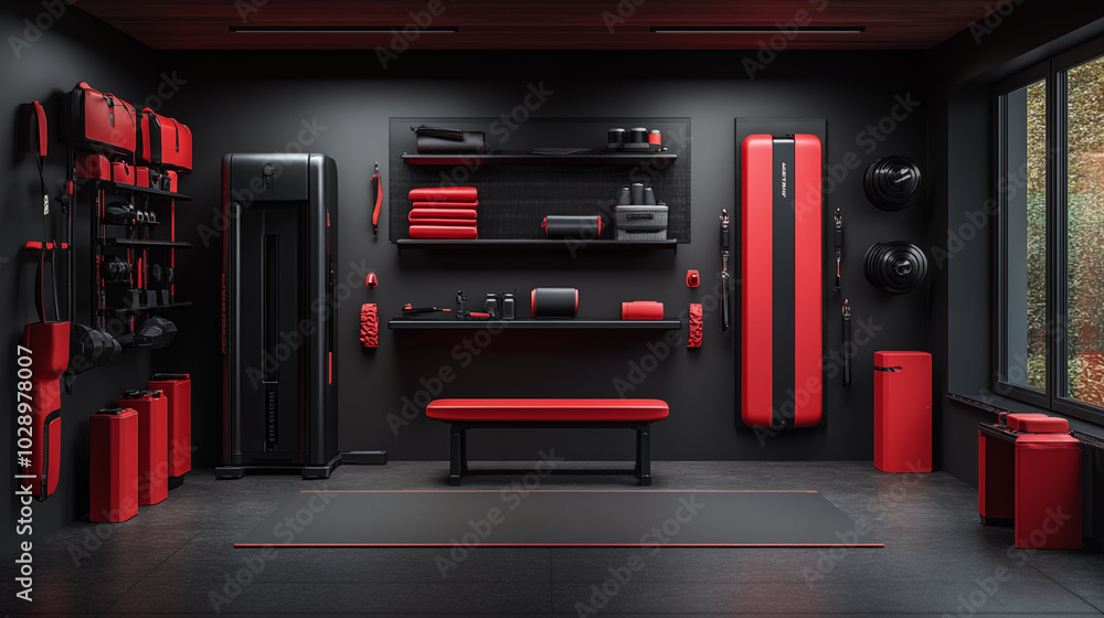 Modern home gym with red and black equipment, stylish fitness space design Modern home gym with red and black equipment, stylish fitness space design