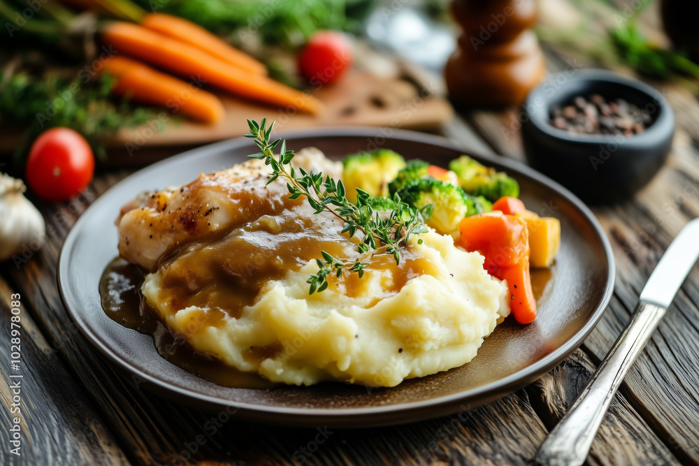 A comforting plate of mashed potatoes with rich gravy, accompanied by roasted chicken and vegetables on a rustic farmhouse table. A comforting plate of mashed potatoes with rich gravy, accompanied by roasted chicken and vegetables on a rustic farmhouse table.