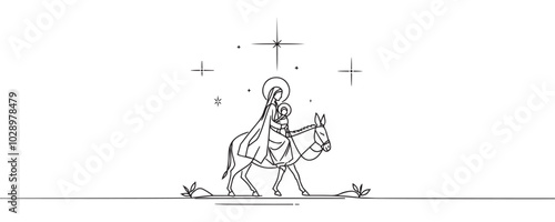 Baby Jesus lying in a manger in a stable. Biblical nativity scene. One line drawing. Vector illustration