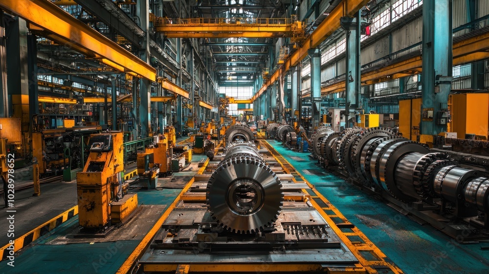Obraz premium An assembly line where heavy machinery is being manufactured.