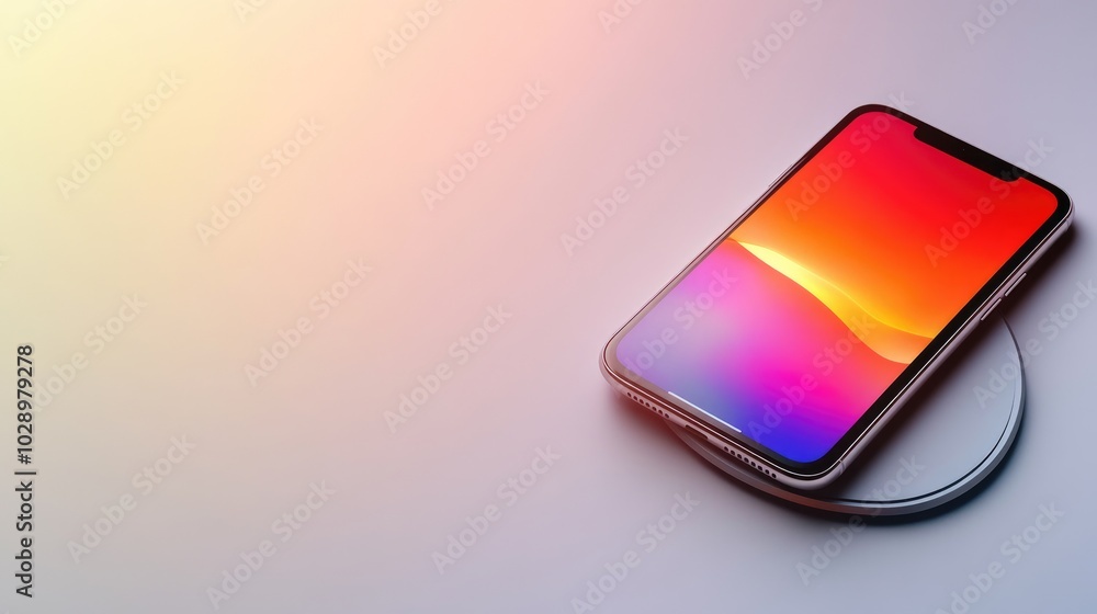 Modern Smartphone on Wireless Charger Amid Gradient Background Modern Smartphone on Wireless Charger Amid Gradient Background