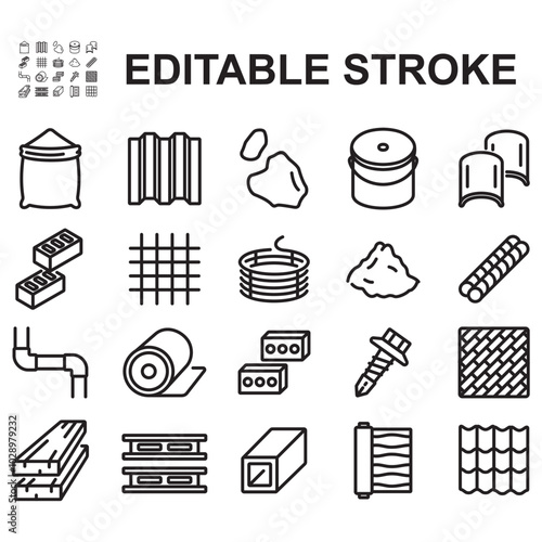 Collection of building construction materials icons. Contains icons such as bricks, sand, cement, and more.