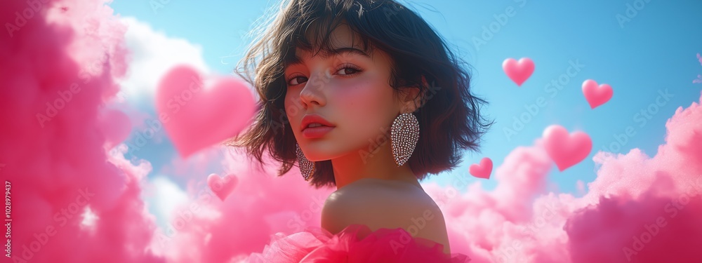 Fototapeta premium A stunning portrait of a beautiful girl immersed in fuchsia clouds, capturing a dreamy and whimsical atmosphere. Her striking features and vibrant surroundings create a charming and enchanting scene.