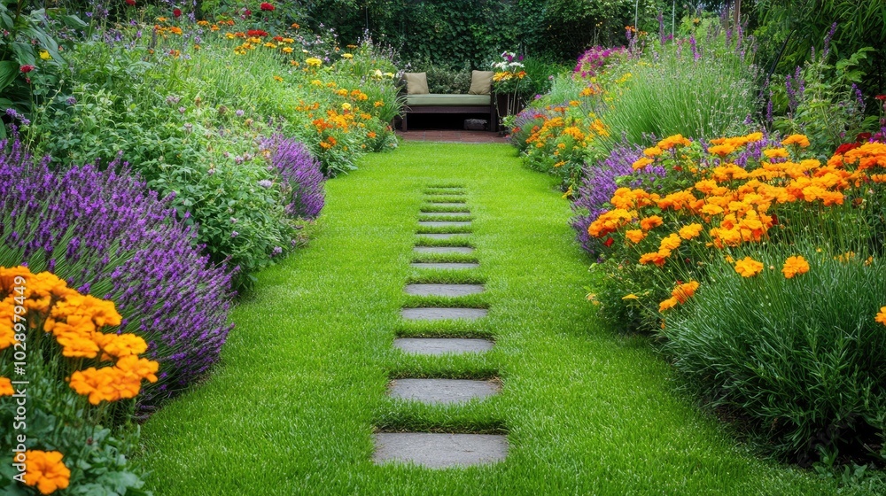 Serene Pathway Through Colorful Garden Blooms Serene Pathway Through Colorful Garden Blooms