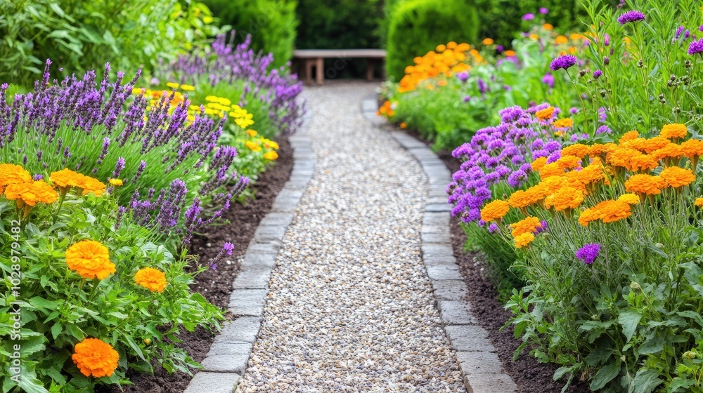 Serene Garden Pathway with Colorful Flowers Serene Garden Pathway with Colorful Flowers