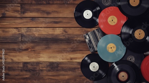 Vintage Vinyl Records and Cassette Tape on Wooden Background photo