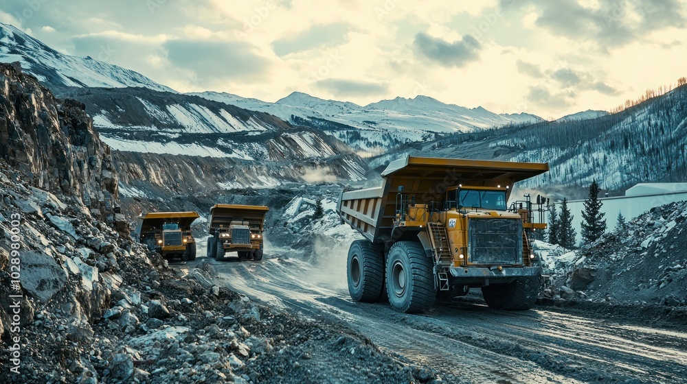 A mining operation featuring large dump trucks and shovels. A mining operation featuring large dump trucks and shovels.