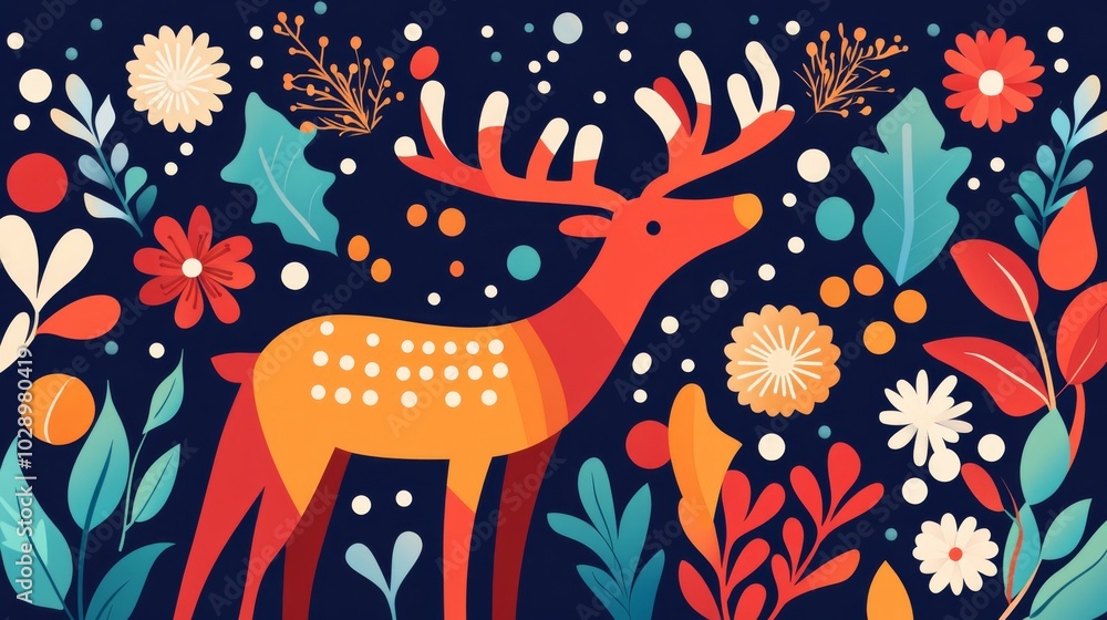 A colorful deer is standing in a field of flowers. The deer is surrounded by a variety of flowers, including daisies, and the scene is vibrant and lively. Concept of joy and happiness, as the deer A colorful deer is standing in a field of flowers. The deer is surrounded by a variety of flowers, including daisies, and the scene is vibrant and lively. Concept of joy and happiness, as the deer