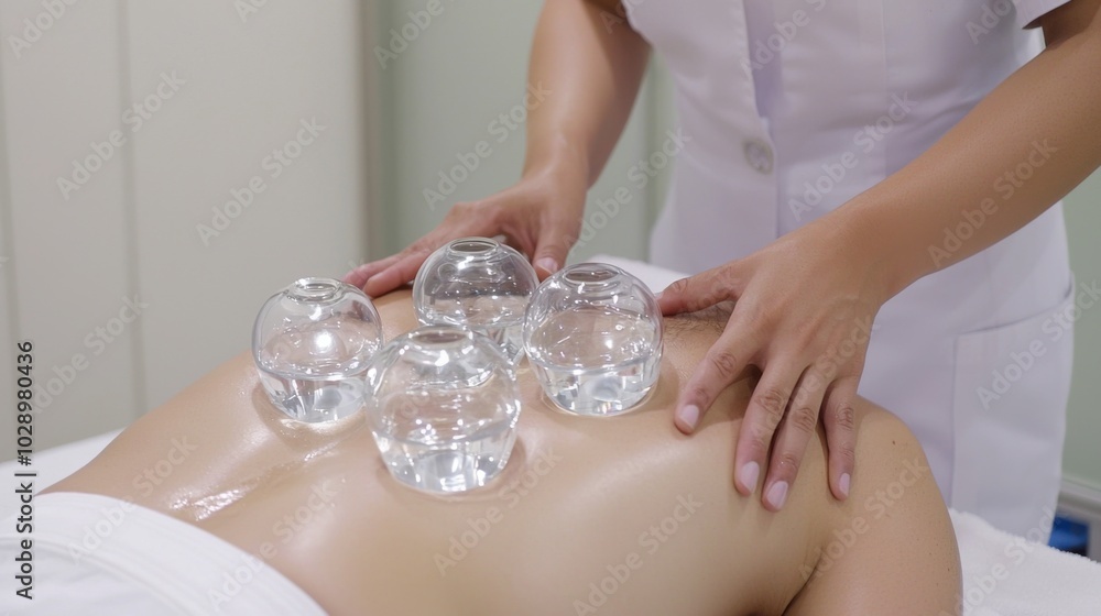 Cupping therapy is being performed on patient, showcasing therapeutic process with glass cups placed on back. practitioner demonstrates skill and care, creating calming atmosphere Cupping therapy is being performed on patient, showcasing therapeutic process with glass cups placed on back. practitioner demonstrates skill and care, creating calming atmosphere