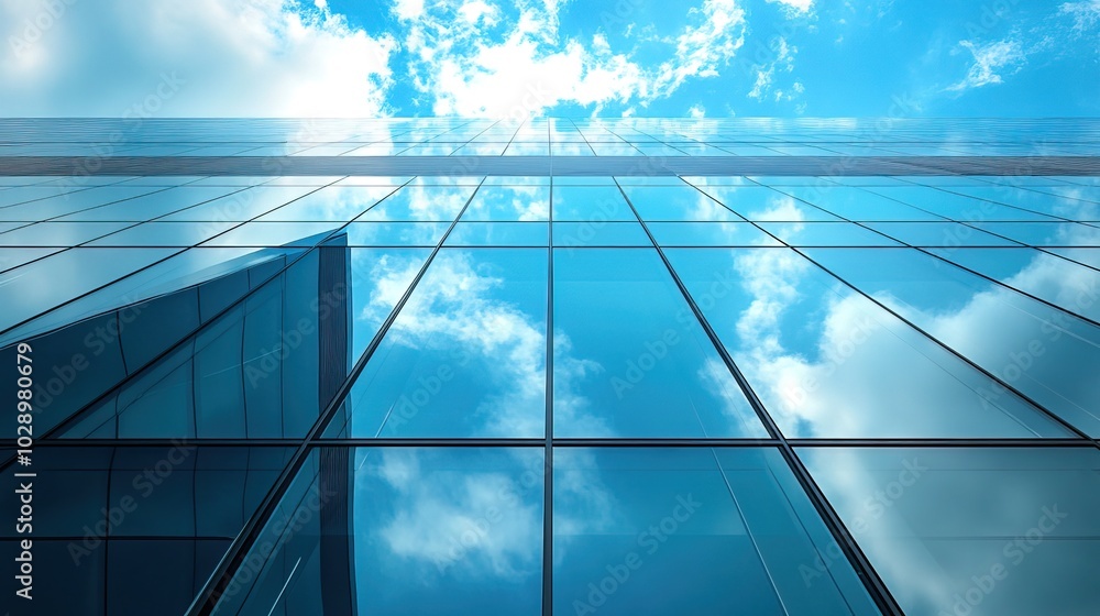Fototapeta premium Contemporary office structure exterior featuring mirrored glass window