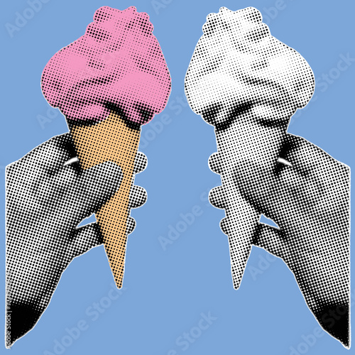 close up of hand holding ice cream cone pixelate color halftone dotted texture style collage element isolated on blue background