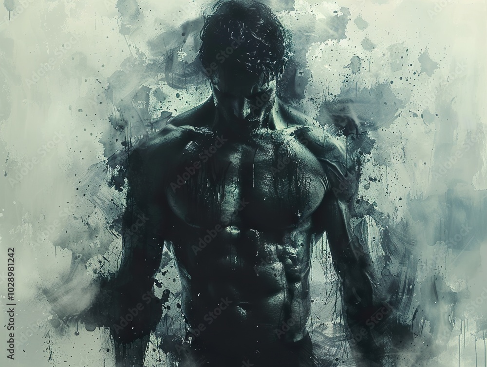 Fototapeta premium Abstract Muscular Man Portrait - Digital Watercolor Art