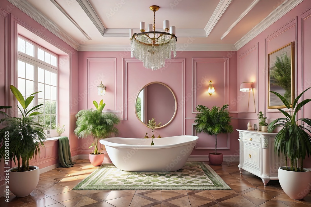 Fototapeta premium Indulge in a luxurious pink bathroom featuring a stunning bathtub and mirror, beautifully designed to elevate your space with elegance and