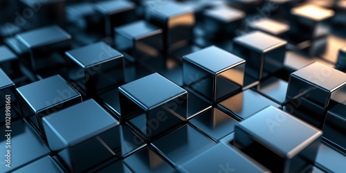 3D Illustration of Metallic Geometric Blocks with Reflective Surfaces on Black Background