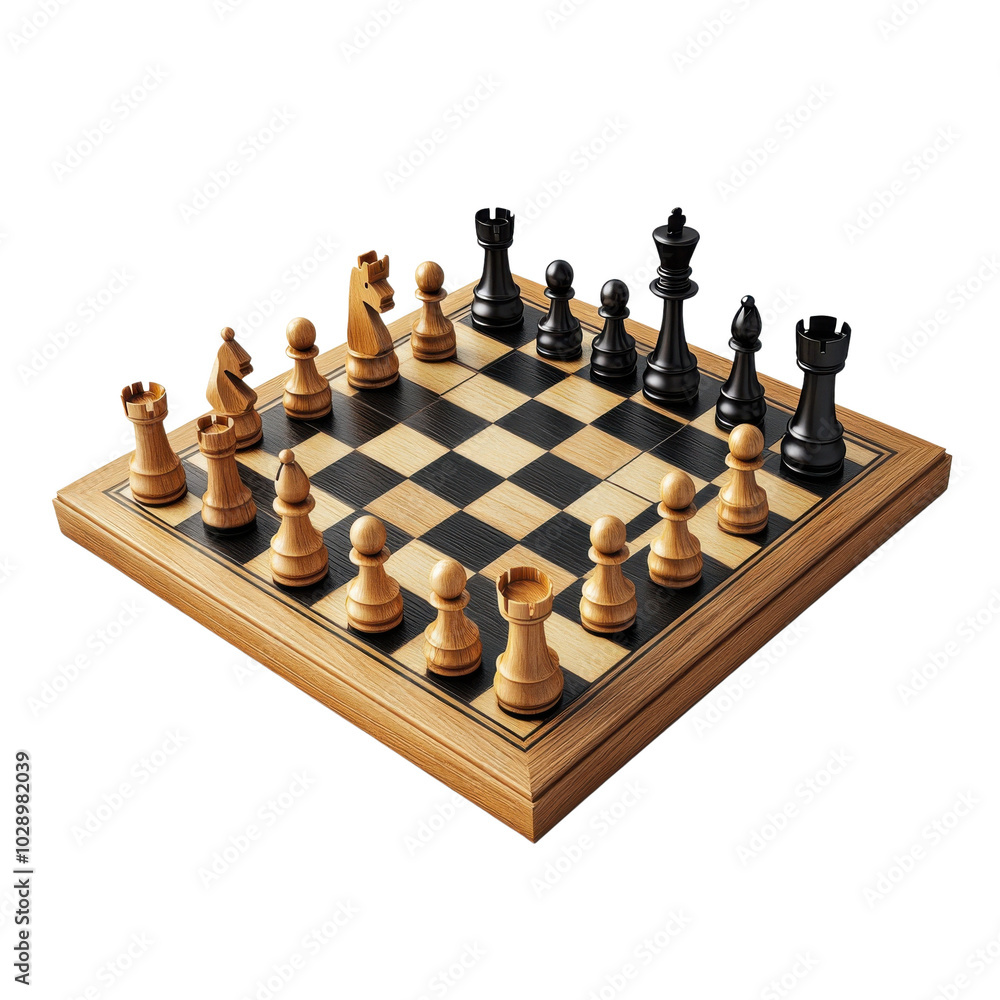 Chessboard with wooden pieces, isolated on a white background. Chessboard with wooden pieces, isolated on a white background.