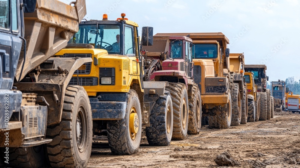 A lineup of various heavy equipment vehicles in a construction yard. A lineup of various heavy equipment vehicles in a construction yard.
