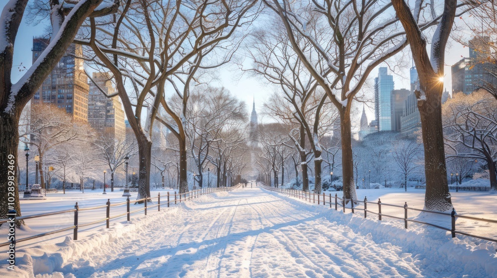 Snow-Covered Path Through a Snowy City Park with Tall Buildings in the Distance Snow-Covered Path Through a Snowy City Park with Tall Buildings in the Distance