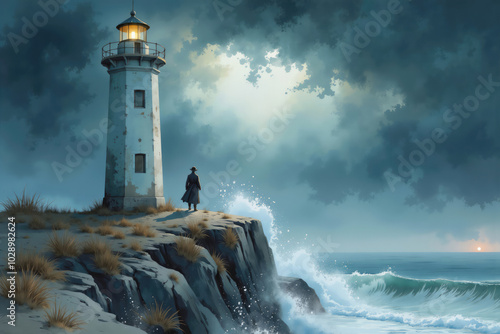 Lighthouse keeper standing on cliff watching stormy sea at night