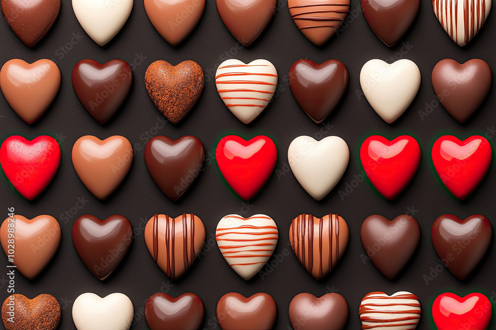 Obraz premium Colorful assortment of heart-shaped chocolates on a dark background.