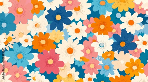 A colorful flower pattern with many different colors. The flowers are arranged in a way that they look like they are blooming. Scene is cheerful and bright