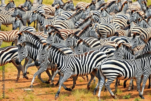 A herd of zebras creating a dizzying pattern with their stripes photo