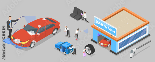 3D Isometric Flat Vector Illustration of Self Car Wash, Vehicle Cleaning Service